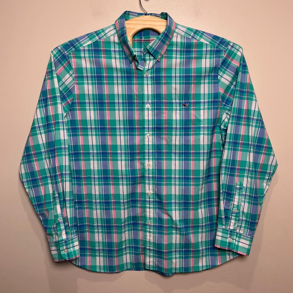 Vineyard Vines Mens On-The-Go Performance Button Down XL Long Sleeve Green Plaid